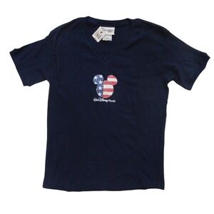 NWT Vintage Y2K Walt Disney World Navy V-Neck T-Shirt Patriotic Mickey Small